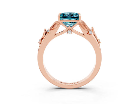 Rose gold Princess Cut Blue Topaz Solitaire Ring with Leaf Motif Band and Four-Prong Setting_3