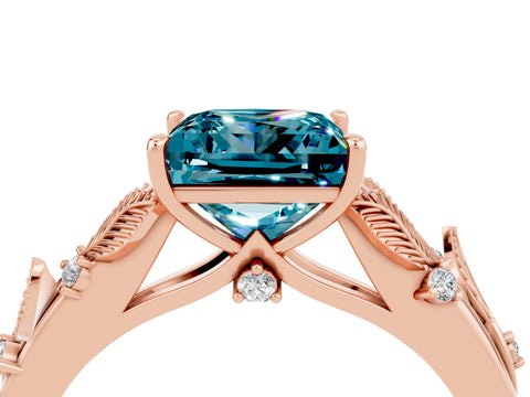 Rose gold Princess Cut Blue Topaz Solitaire Ring with Leaf Motif Band and Four-Prong Setting_4