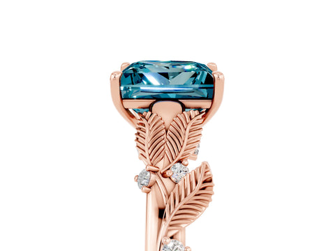 Rose gold Princess Cut Blue Topaz Solitaire Ring with Leaf Motif Band and Four-Prong Setting_5