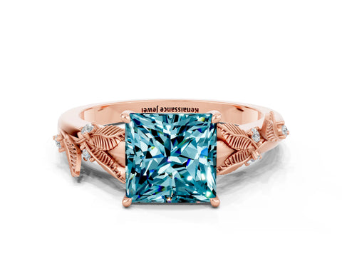 Rose gold Princess Cut Blue Topaz Solitaire Ring with Leaf Motif Band and Four-Prong Setting