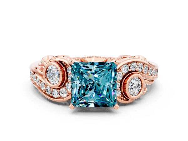 Rose gold Princess Cut Blue Topaz Solitaire Ring with Milgrain Pavé Band and Four-Prong Setting