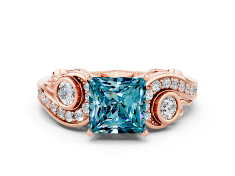Rose gold Princess Cut Blue Topaz Solitaire Ring with Milgrain Pavé Band and Four-Prong Setting_24