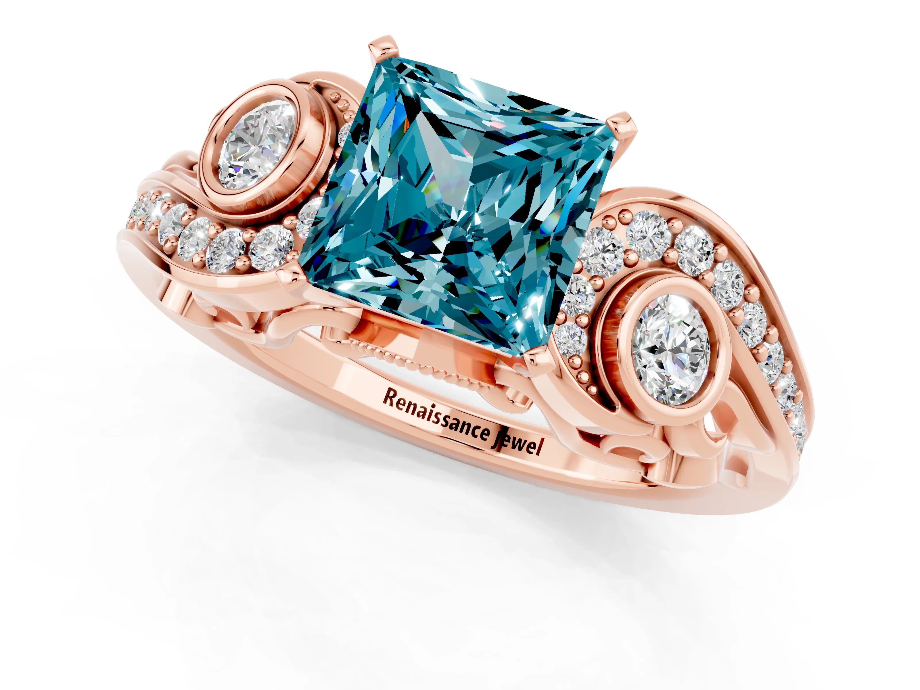 Rose gold Princess Cut Blue Topaz Solitaire Ring with Milgrain Pavé Band and Four-Prong Setting_25