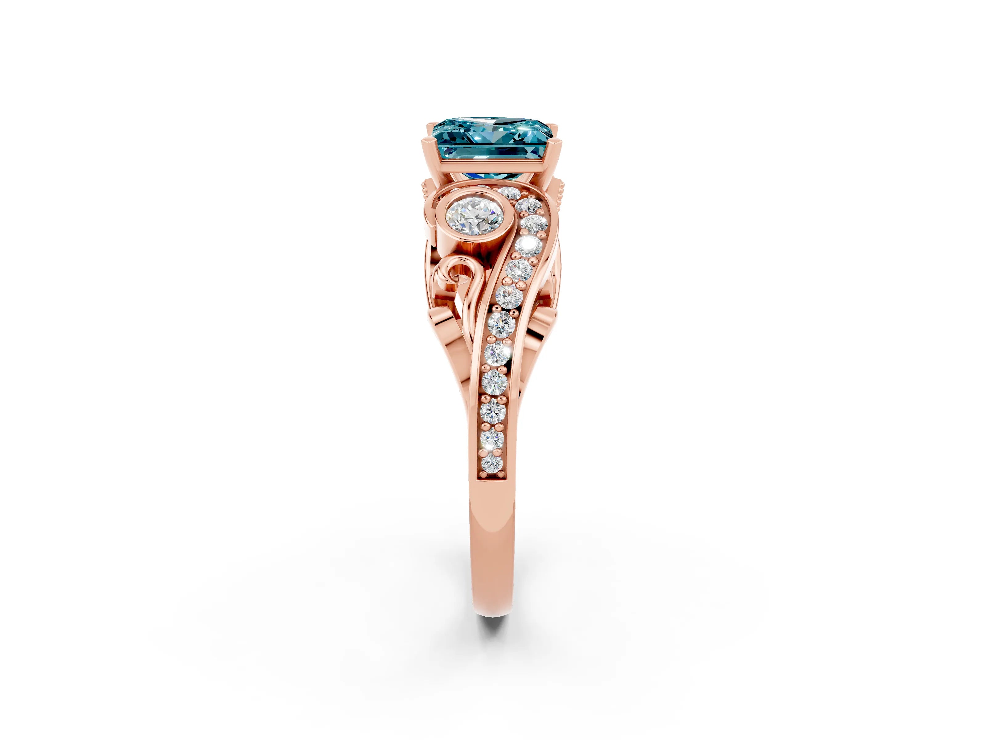 Rose gold Princess Cut Blue Topaz Solitaire Ring with Milgrain Pavé Band and Four-Prong Setting_26