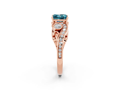 Rose gold Princess Cut Blue Topaz Solitaire Ring with Milgrain Pavé Band and Four-Prong Setting_26