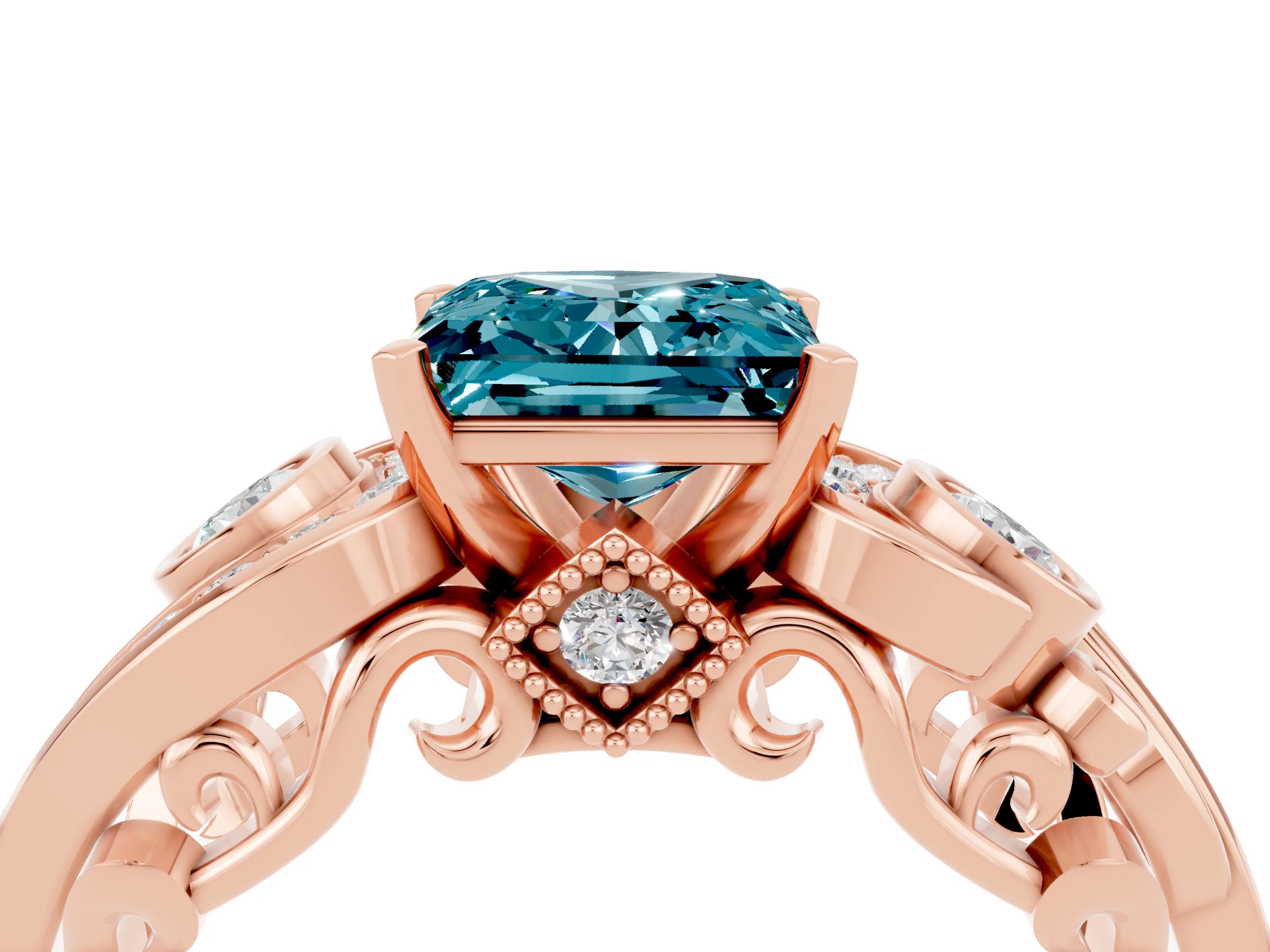 Rose gold Princess Cut Blue Topaz Solitaire Ring with Milgrain Pavé Band and Four-Prong Setting_28