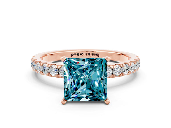 Rose gold Princess Cut Blue Topaz Solitaire Ring with Pavé Accents and Four-Prong Setting