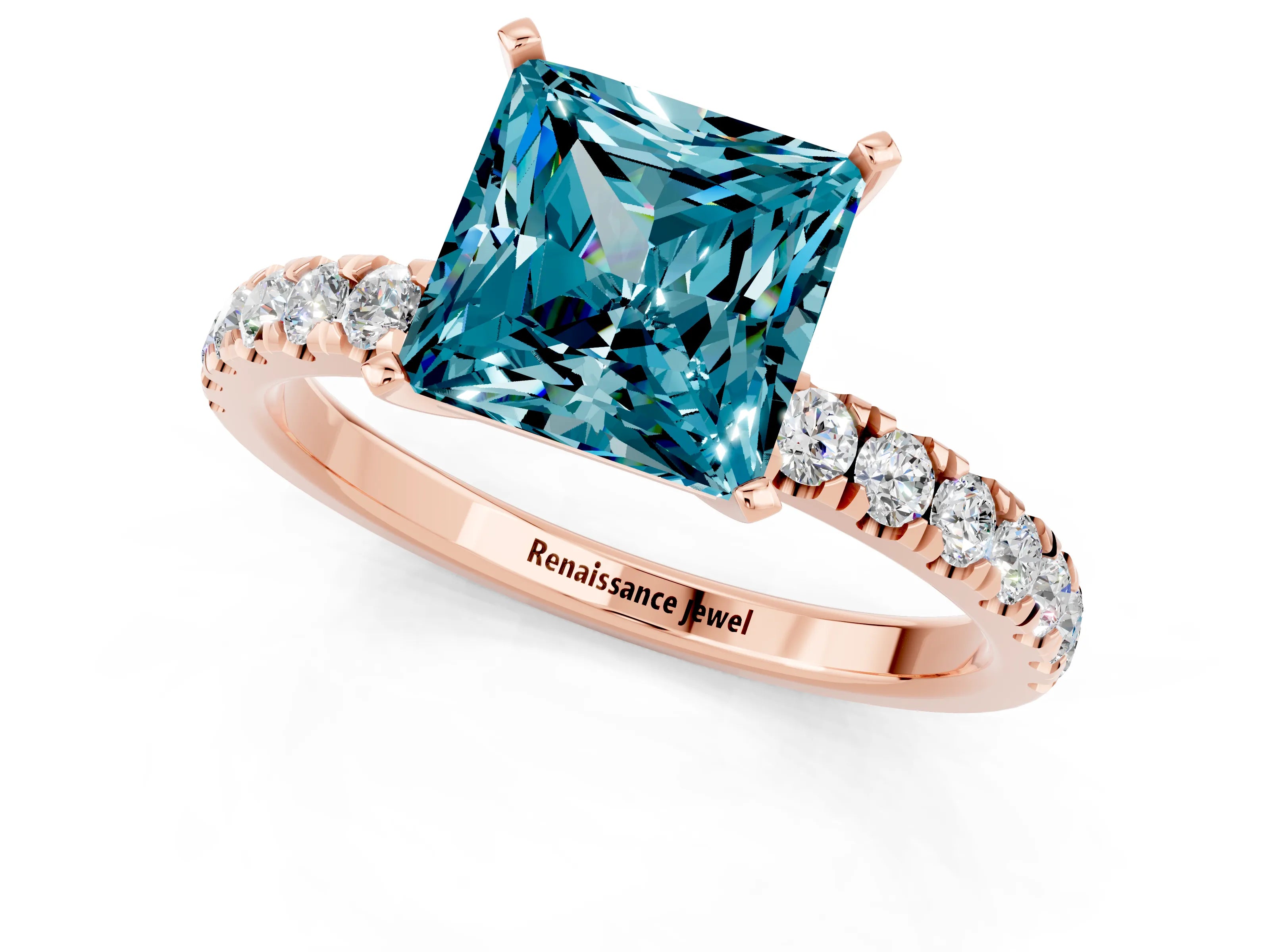 Rose gold Princess Cut Blue Topaz Solitaire Ring with Pavé Accents and Four-Prong Setting_1