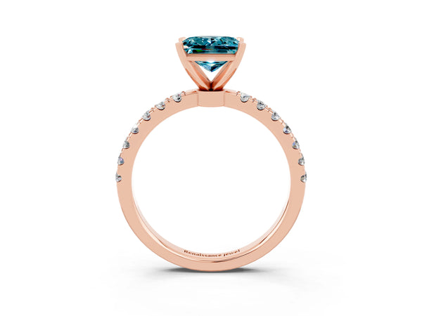 Rose gold Princess Cut Blue Topaz Solitaire Ring with Pavé Accents and Four-Prong Setting