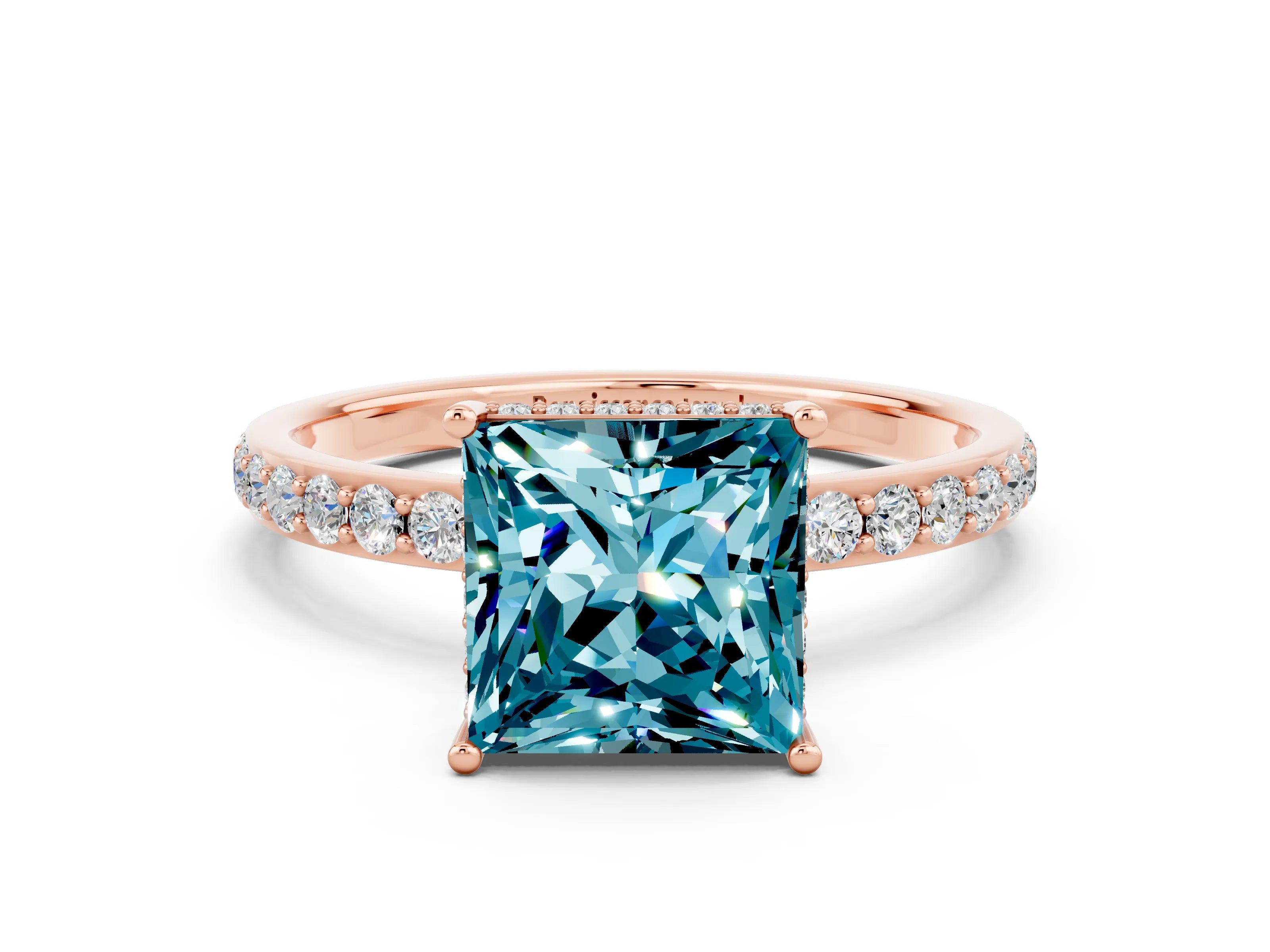 Rose gold Princess Cut Blue Topaz Solitaire Ring with Pavé Band and Hidden Halo_12