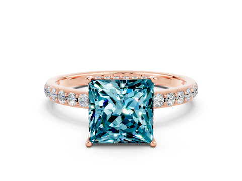 Rose gold Princess Cut Blue Topaz Solitaire Ring with Pavé Band and Hidden Halo_12