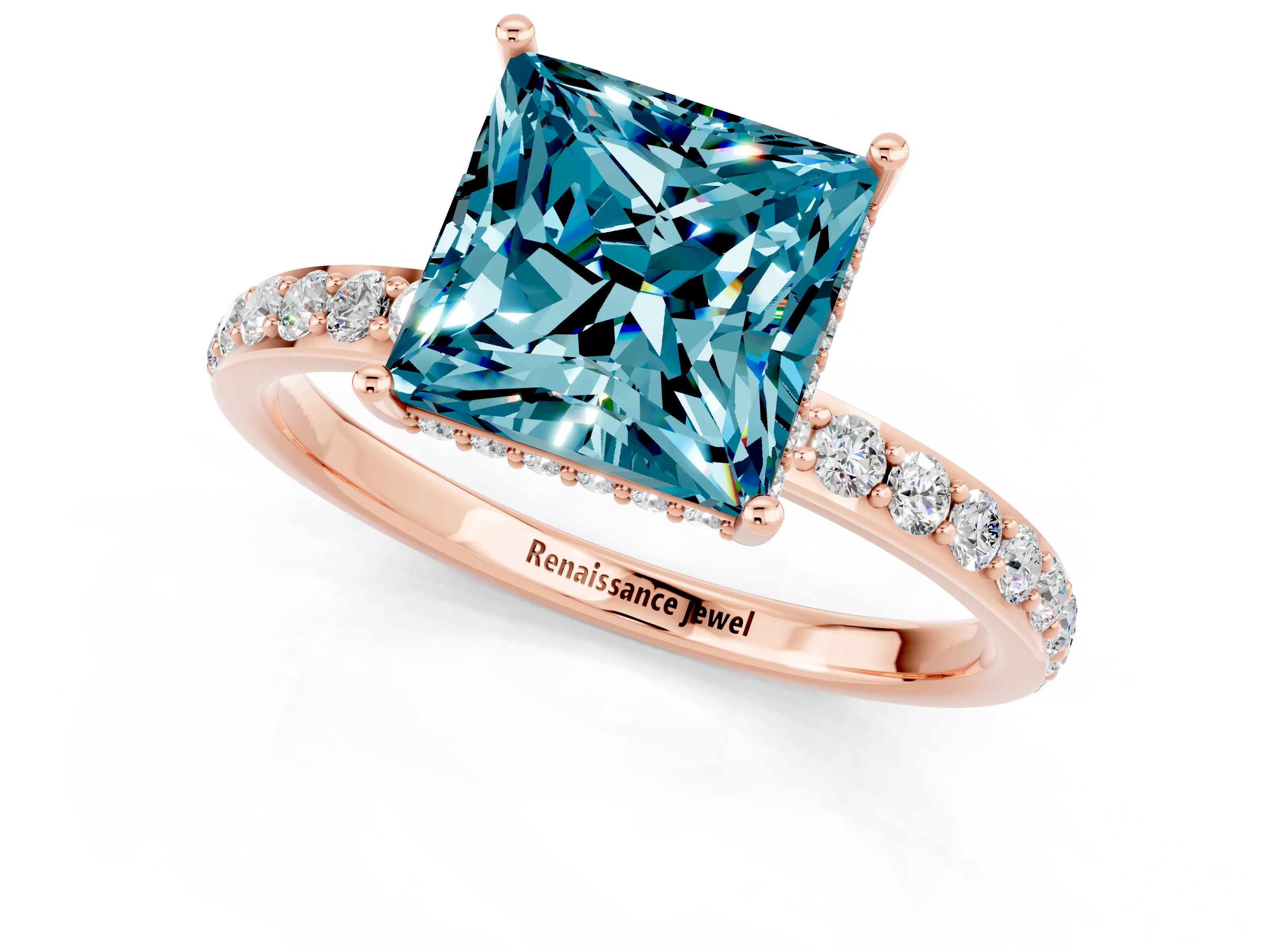 Rose gold Princess Cut Blue Topaz Solitaire Ring with Pavé Band and Hidden Halo_13