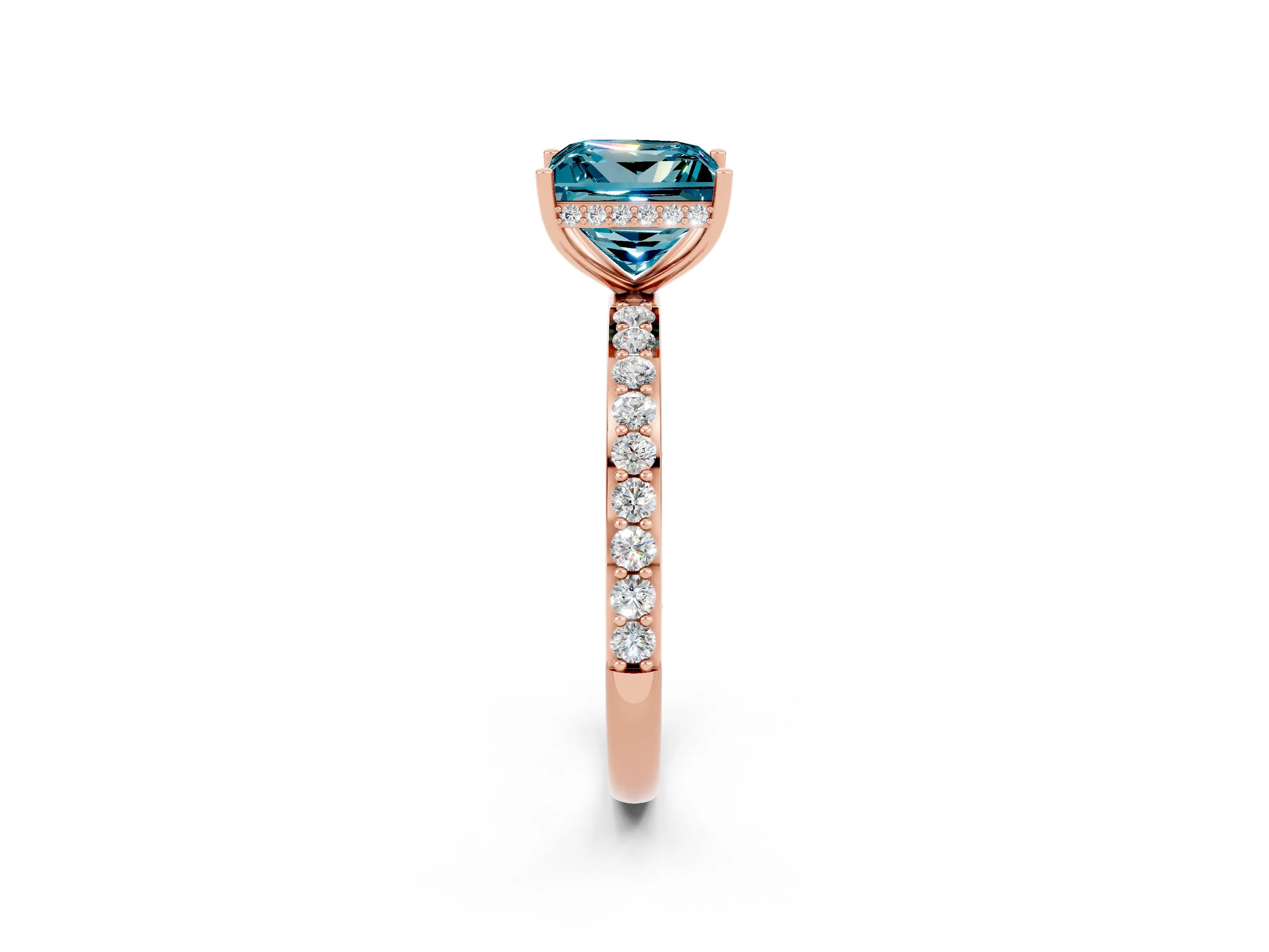 Rose gold Princess Cut Blue Topaz Solitaire Ring with Pavé Band and Hidden Halo_14