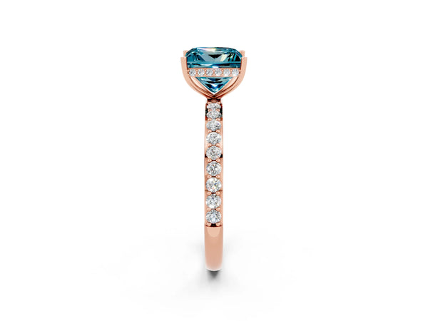 Rose gold Princess Cut Blue Topaz Solitaire Ring with Pavé Band and Hidden Halo