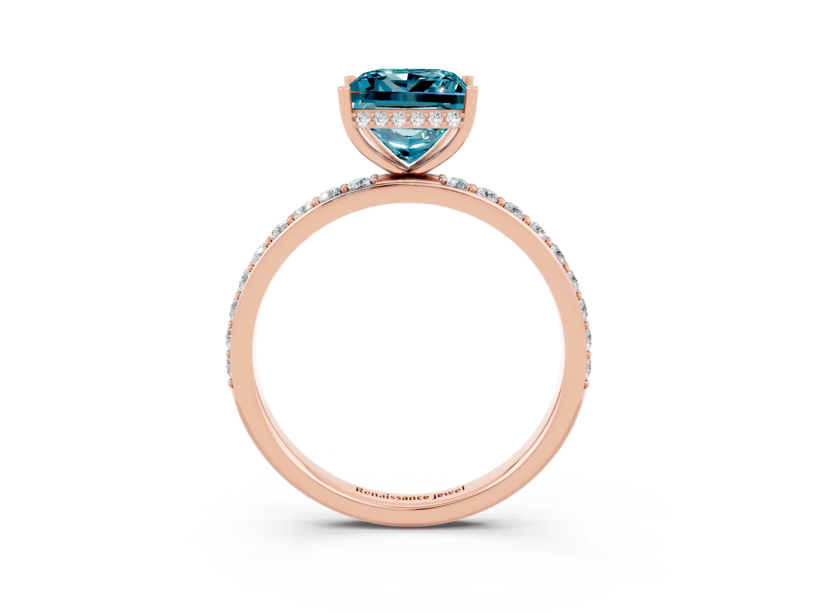 Rose gold Princess Cut Blue Topaz Solitaire Ring with Pavé Band and Hidden Halo_15
