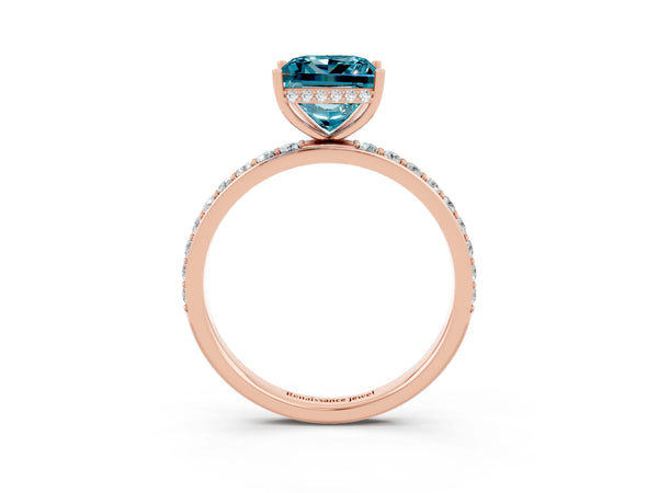 Rose gold Princess Cut Blue Topaz Solitaire Ring with Pavé Band and Hidden Halo