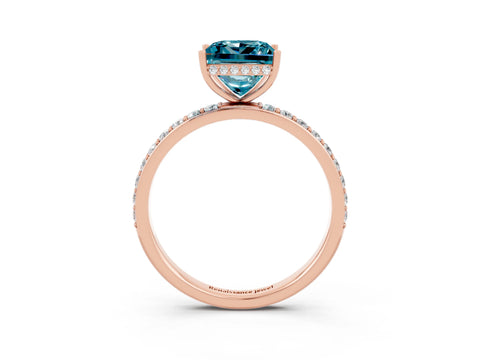 Rose gold Princess Cut Blue Topaz Solitaire Ring with Pavé Band and Hidden Halo_15