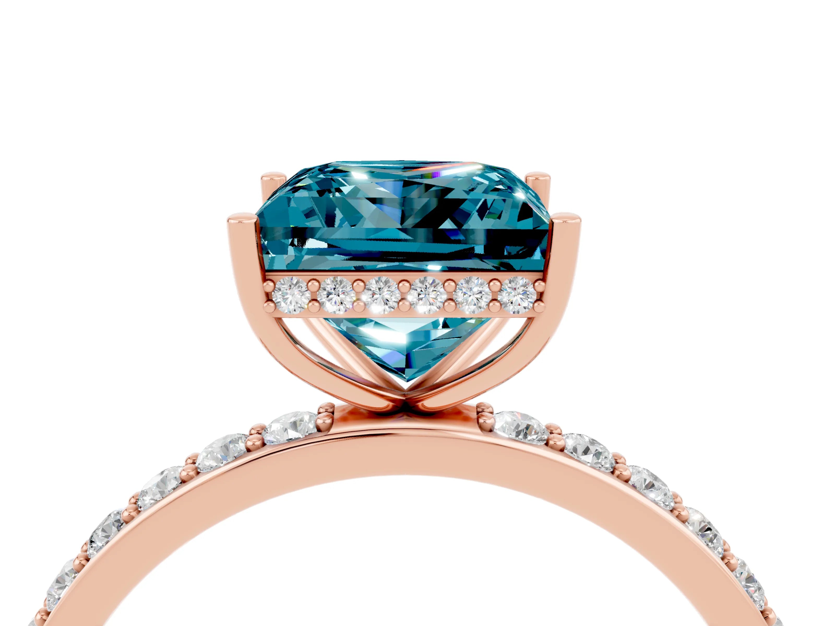 Rose gold Princess Cut Blue Topaz Solitaire Ring with Pavé Band and Hidden Halo_16