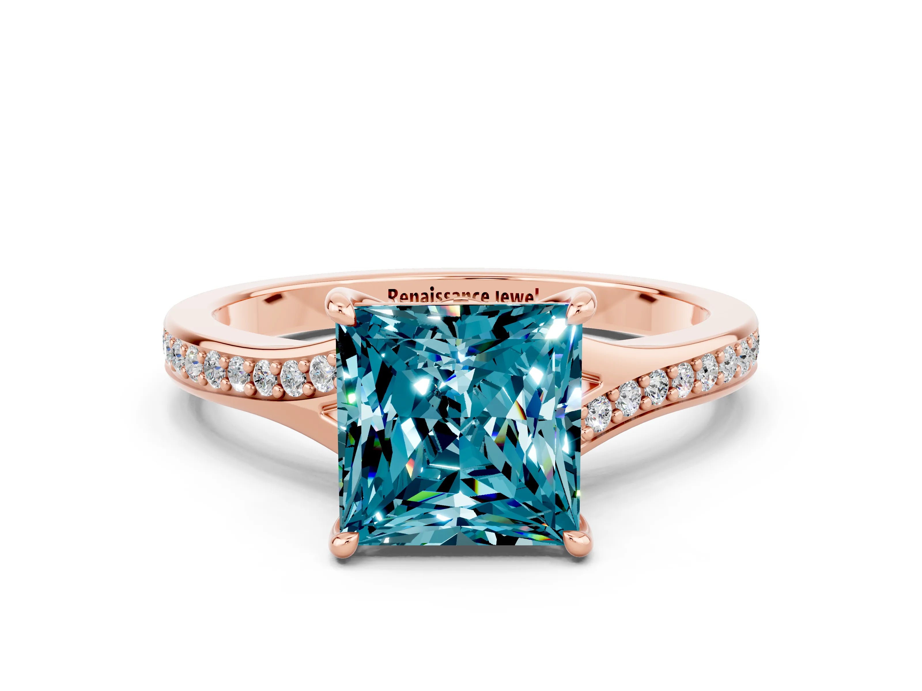 Rose gold Princess Cut Blue Topaz Solitaire Ring with Pavé Band and Prong Setting