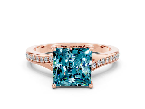 Rose gold Princess Cut Blue Topaz Solitaire Ring with Pavé Band and Prong Setting_12
