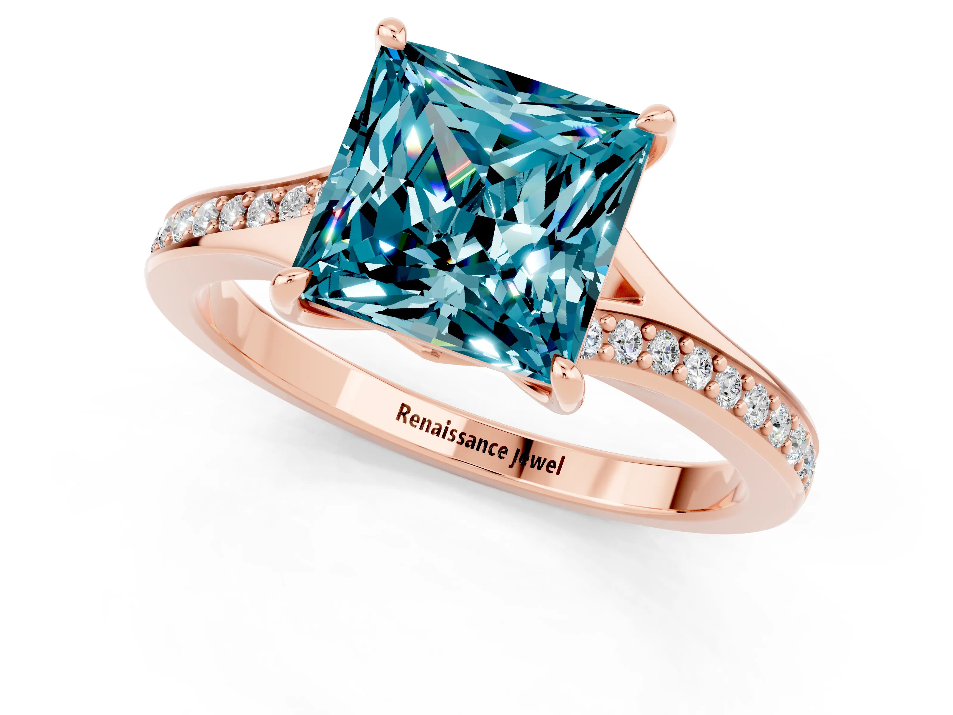 Rose gold Princess Cut Blue Topaz Solitaire Ring with Pavé Band and Prong Setting_13