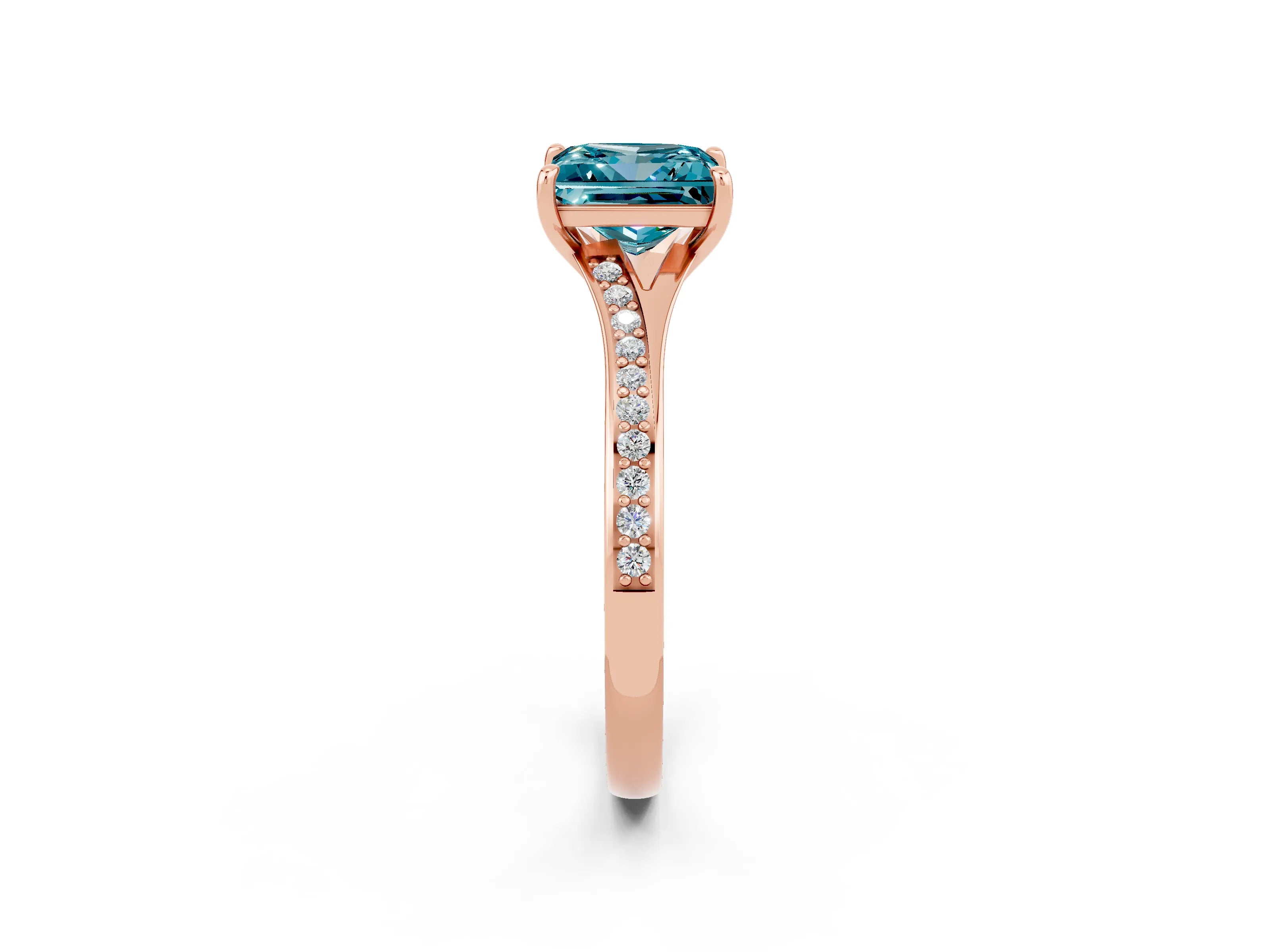 Rose gold Princess Cut Blue Topaz Solitaire Ring with Pavé Band and Prong Setting_14