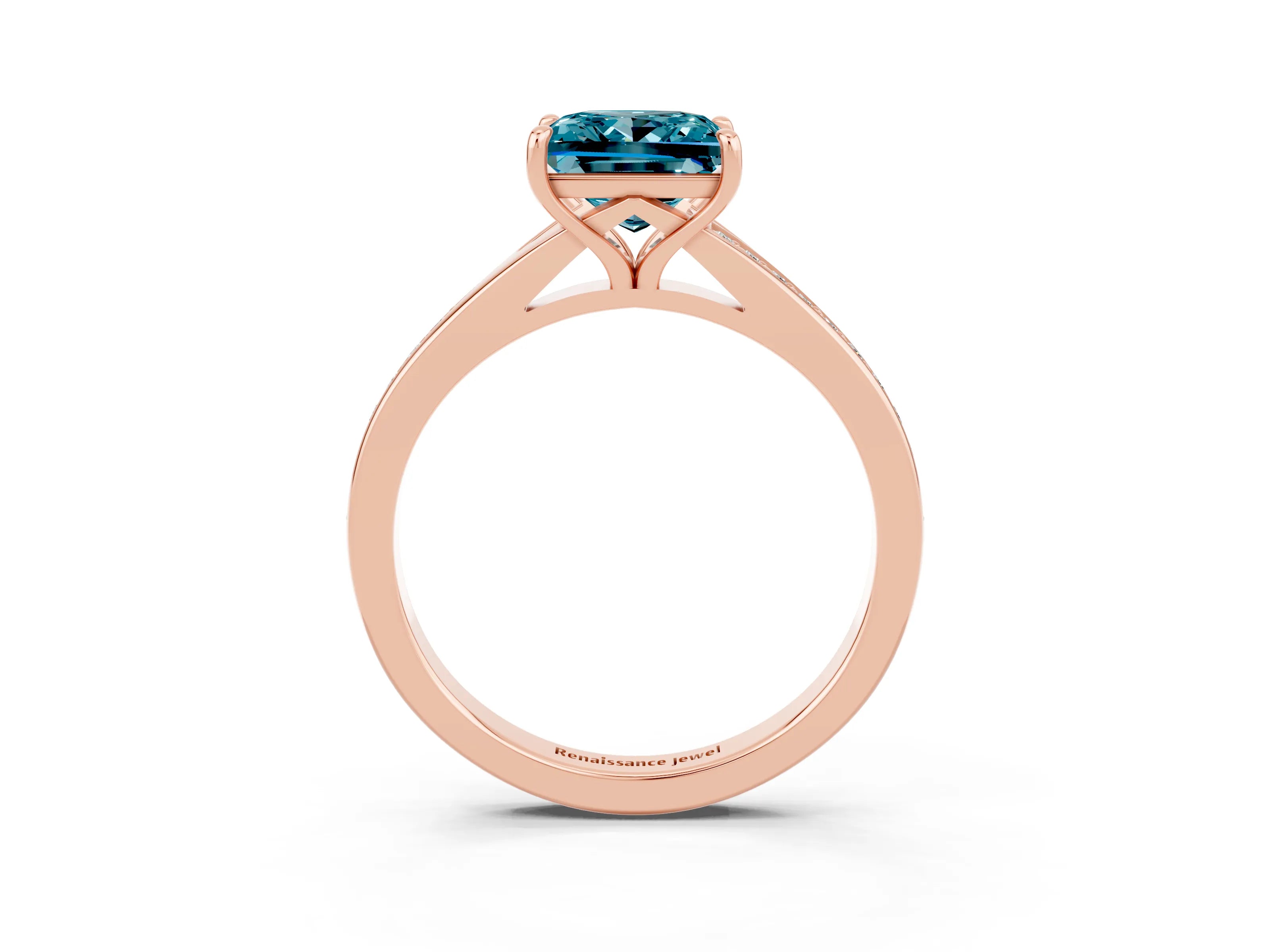 Rose gold Princess Cut Blue Topaz Solitaire Ring with Pavé Band and Prong Setting_15