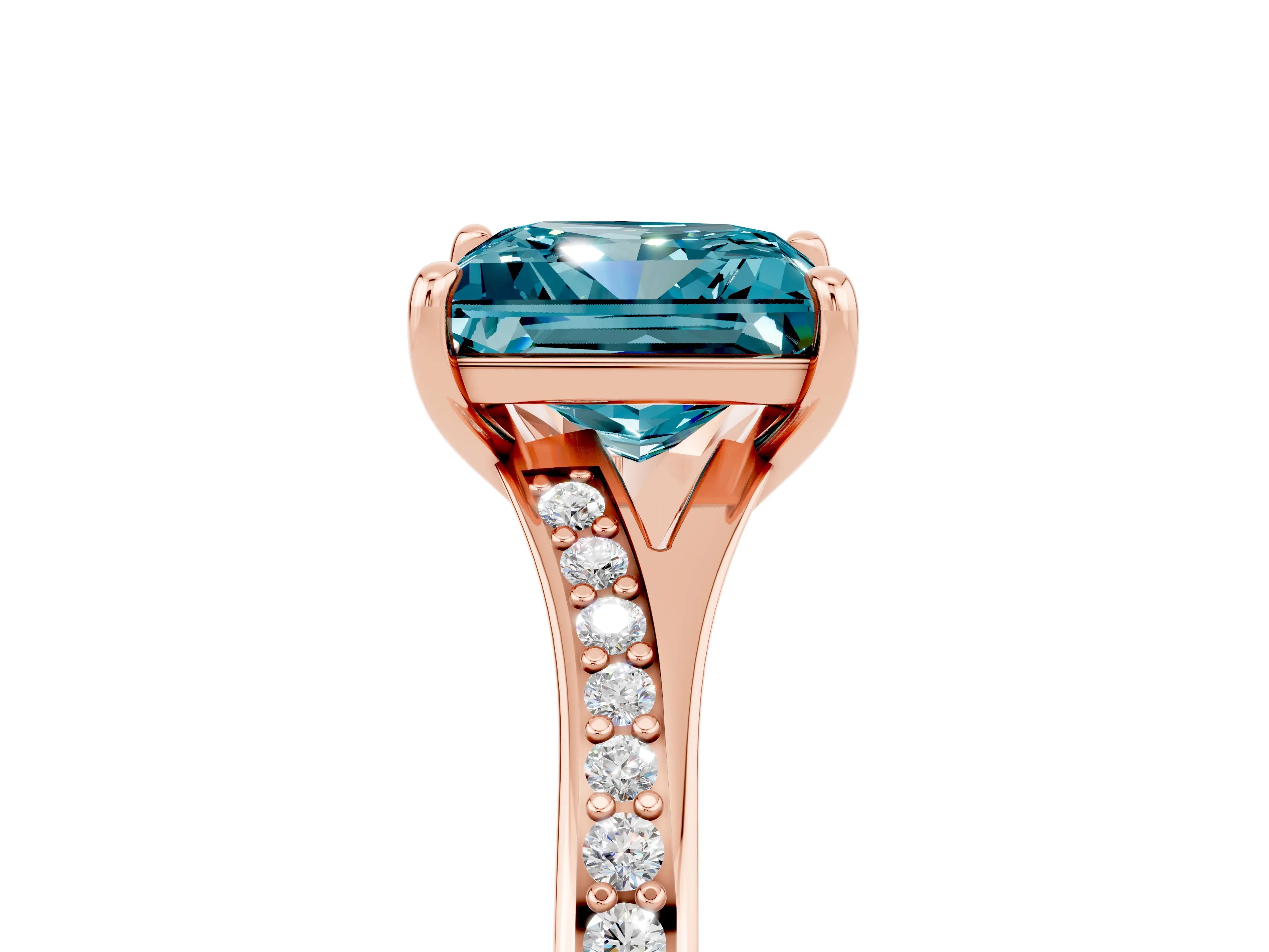 Rose gold Princess Cut Blue Topaz Solitaire Ring with Pavé Band and Prong Setting_17