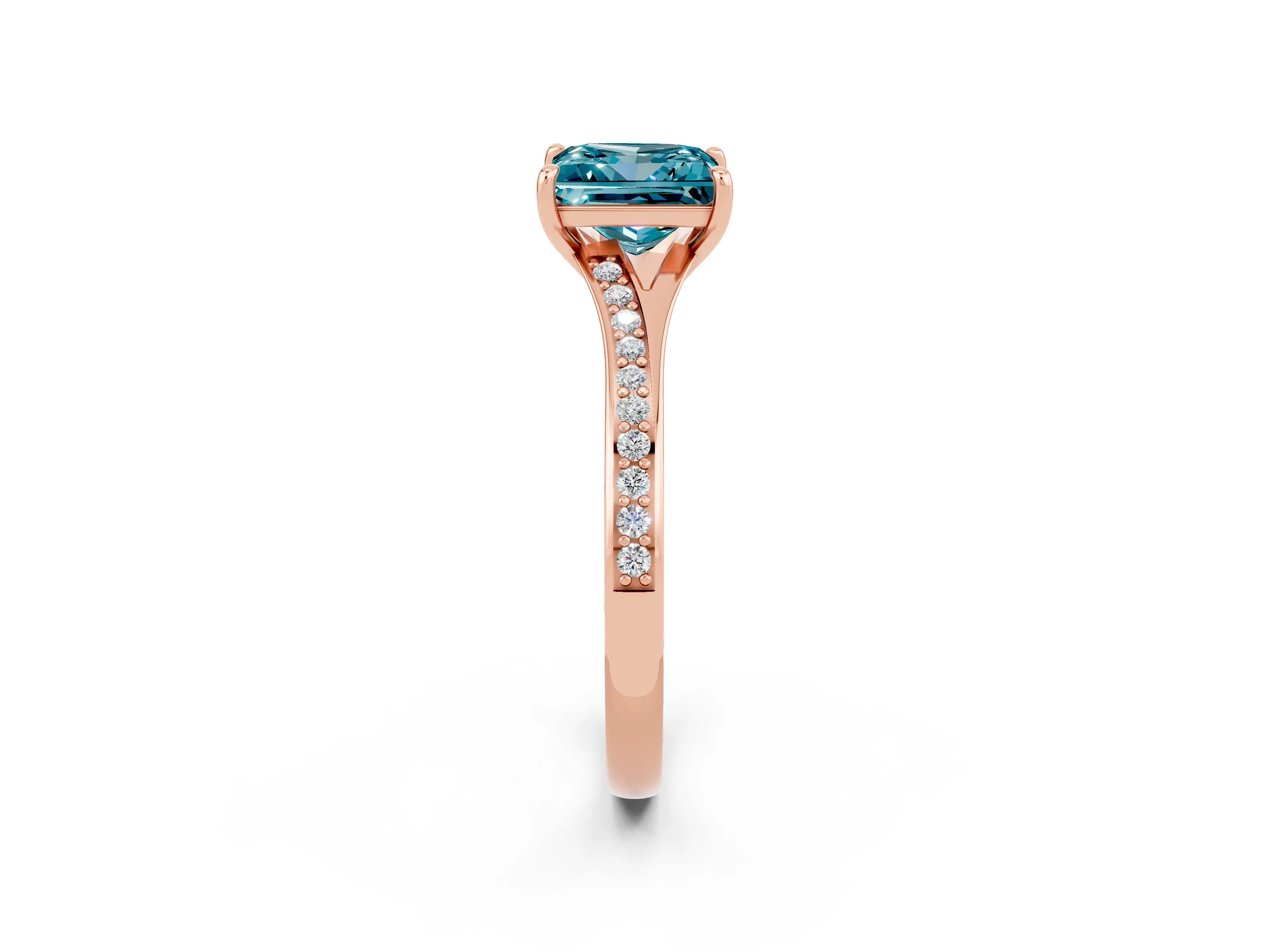Rose gold Princess Cut Blue Topaz Solitaire Ring with Pavé Band and Prong Setting_2