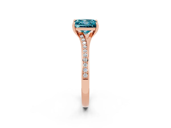 Rose gold Princess Cut Blue Topaz Solitaire Ring with Pavé Band and Prong Setting
