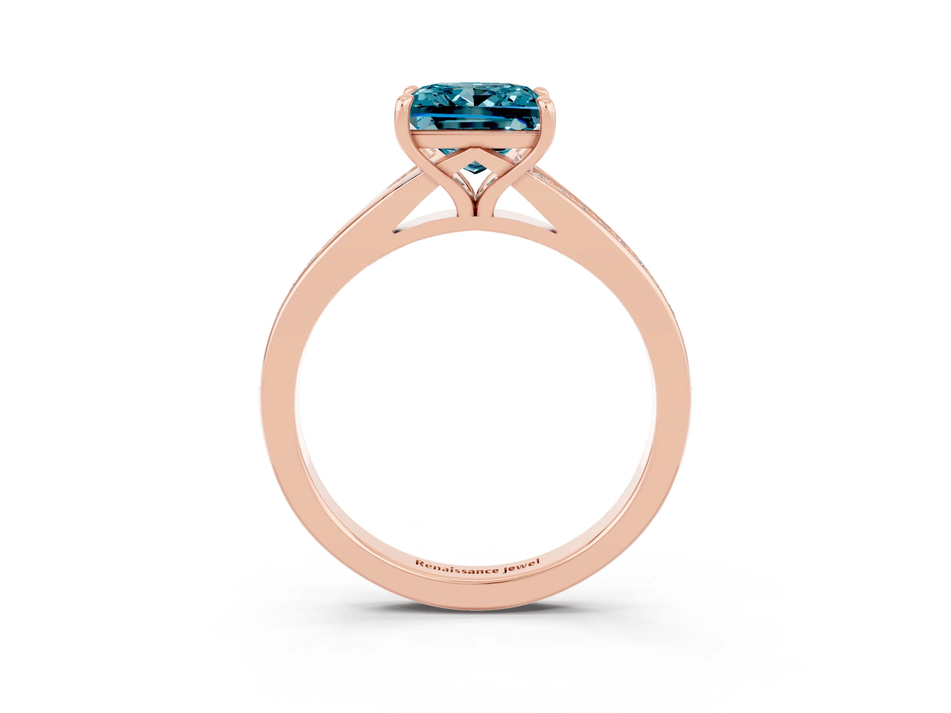 Rose gold Princess Cut Blue Topaz Solitaire Ring with Pavé Band and Prong Setting_3
