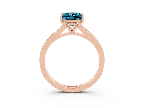 Rose gold Princess Cut Blue Topaz Solitaire Ring with Pavé Band and Prong Setting