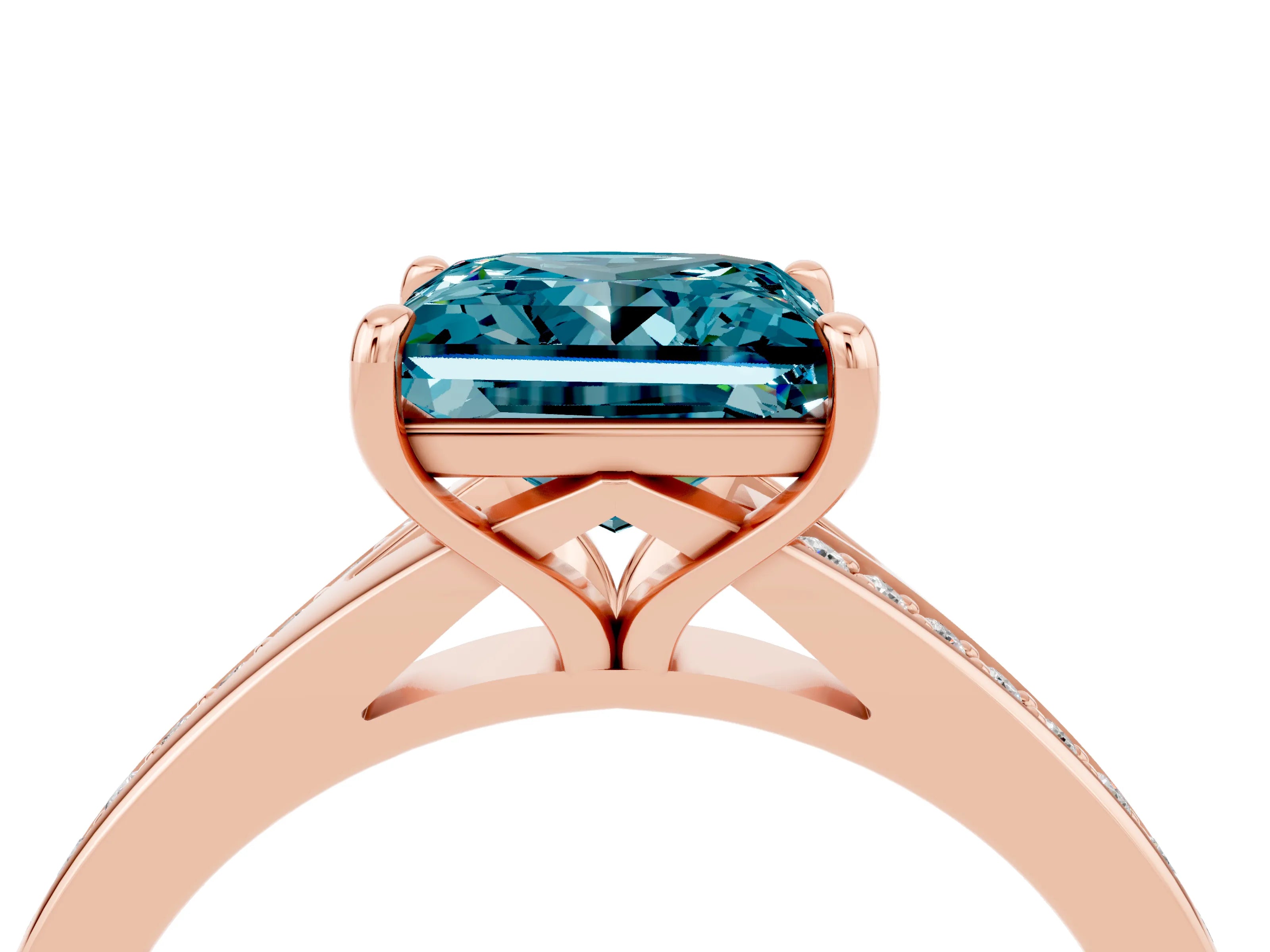 Rose gold Princess Cut Blue Topaz Solitaire Ring with Pavé Band and Prong Setting_4