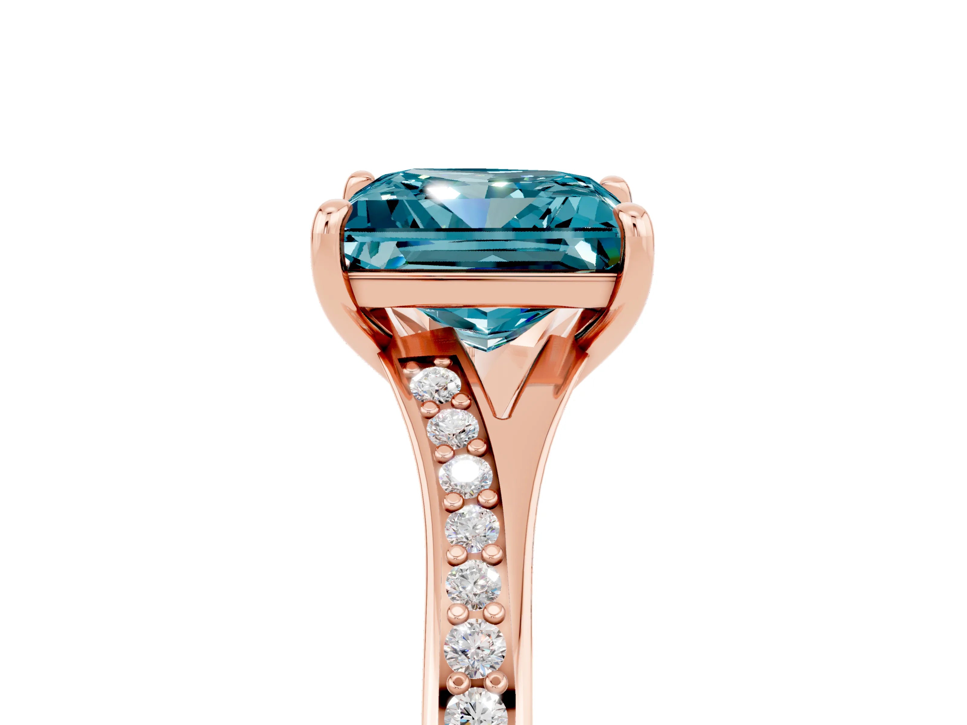 Rose gold Princess Cut Blue Topaz Solitaire Ring with Pavé Band and Prong Setting_5