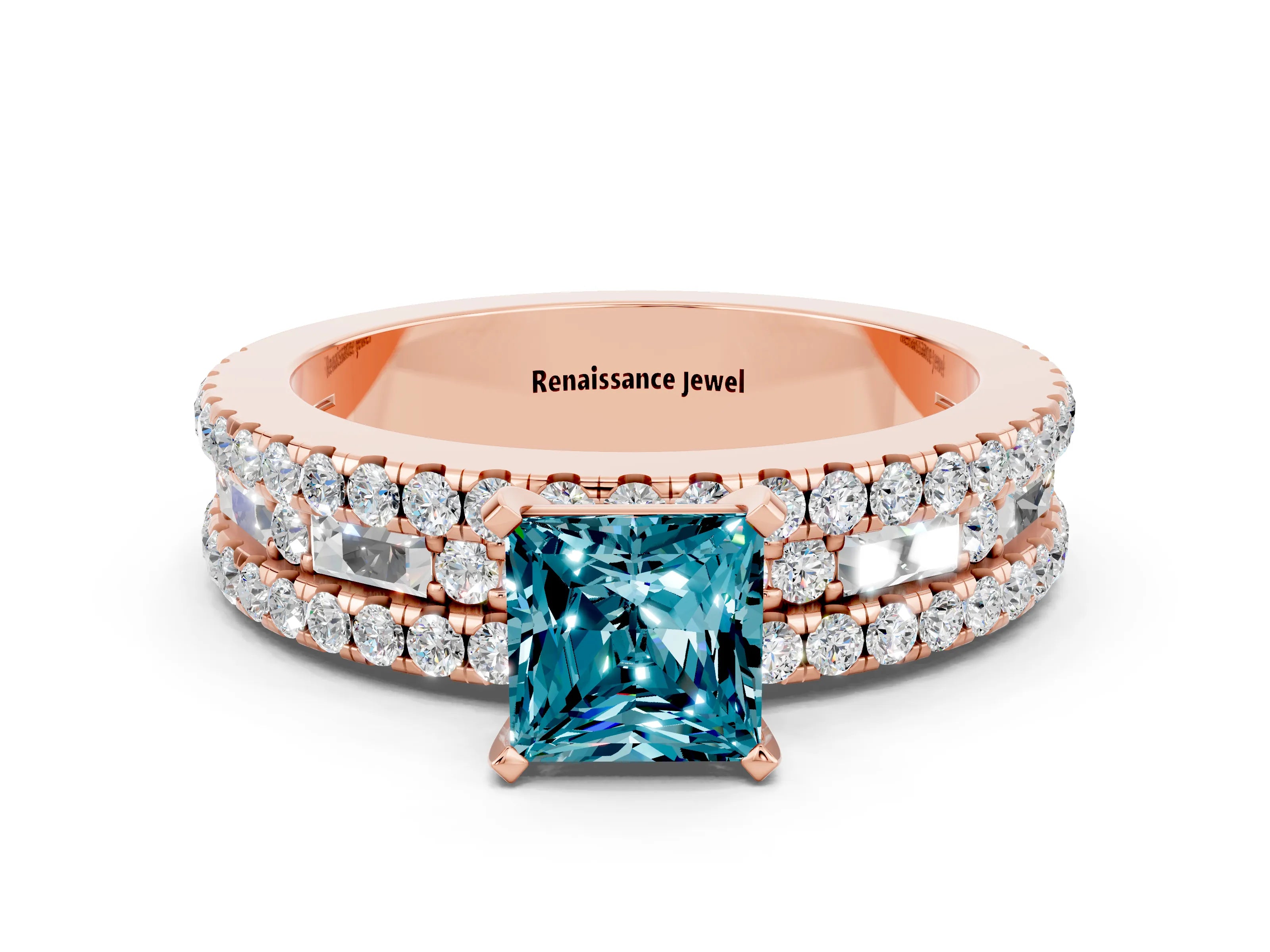 Rose gold Princess Cut Blue Topaz Solitaire Ring with Pavé and Channel Set Band