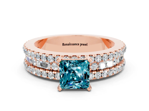 Rose gold Princess Cut Blue Topaz Solitaire Ring with Pavé and Channel Set Band