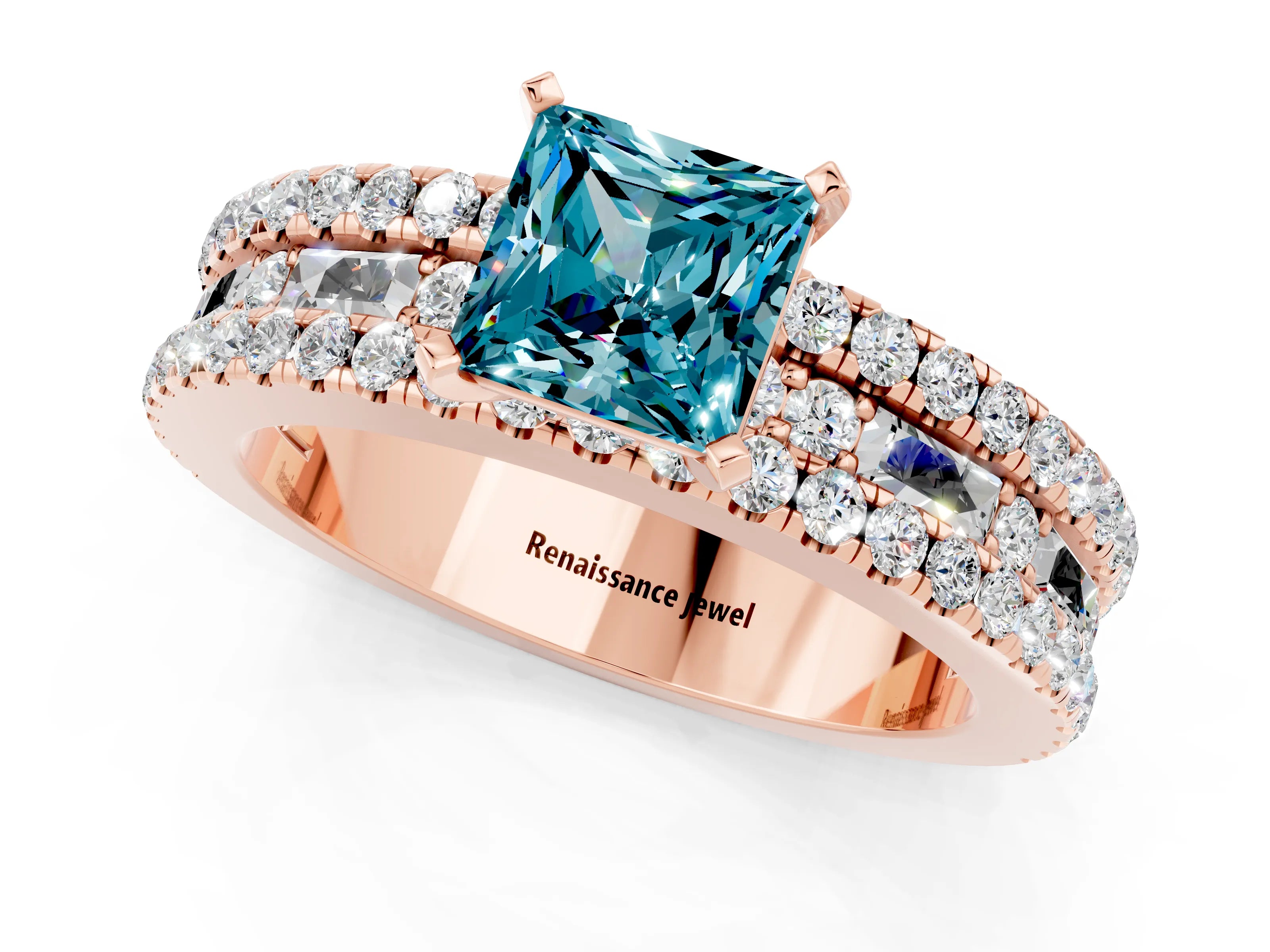 Rose gold Princess Cut Blue Topaz Solitaire Ring with Pavé and Channel Set Band_1