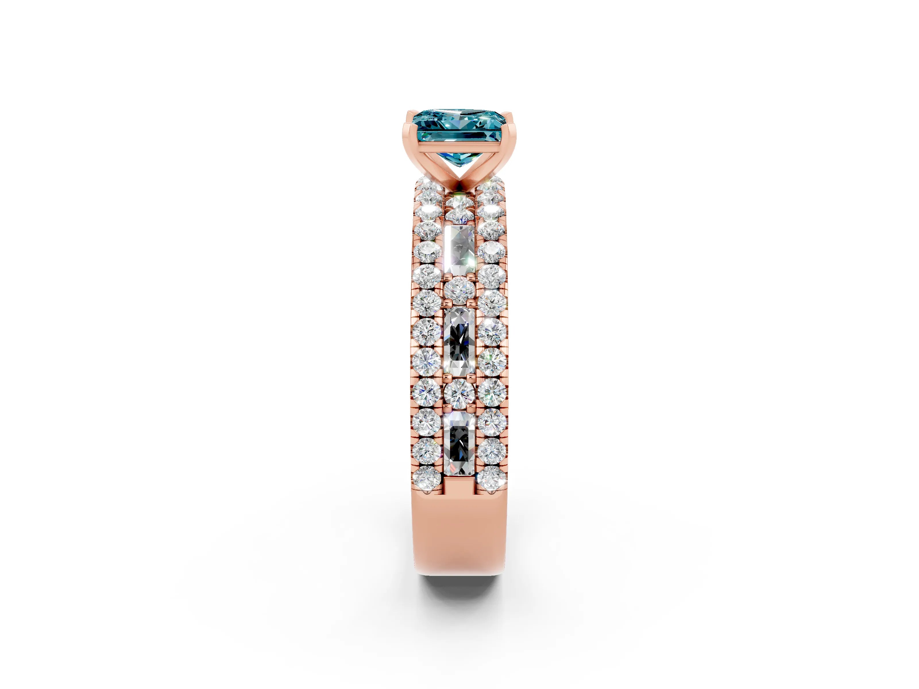Rose gold Princess Cut Blue Topaz Solitaire Ring with Pavé and Channel Set Band_2