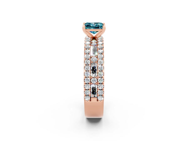 Rose gold Princess Cut Blue Topaz Solitaire Ring with Pavé and Channel Set Band