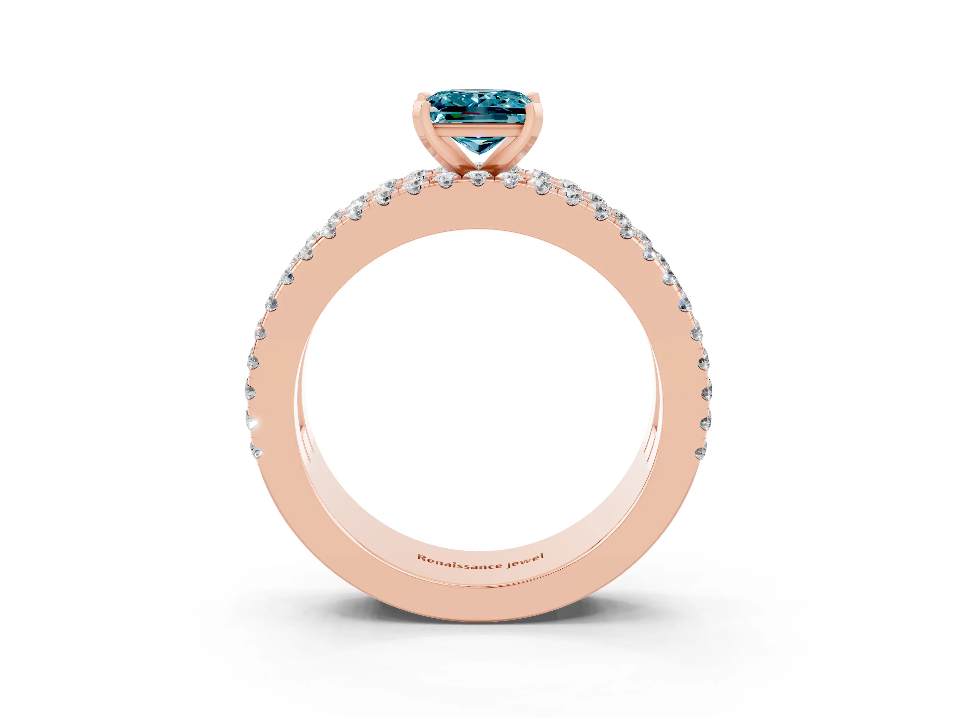 Rose gold Princess Cut Blue Topaz Solitaire Ring with Pavé and Channel Set Band_3