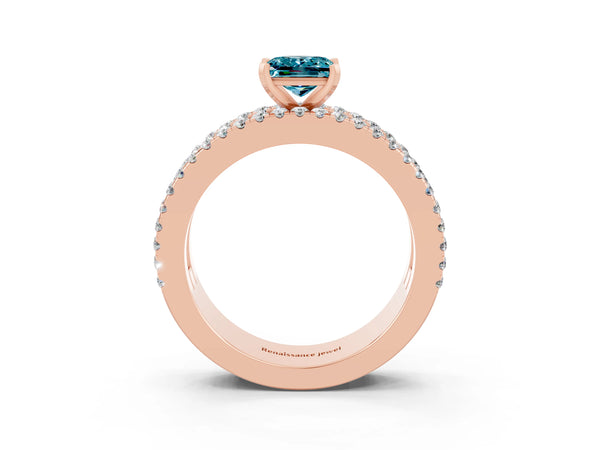 Rose gold Princess Cut Blue Topaz Solitaire Ring with Pavé and Channel Set Band