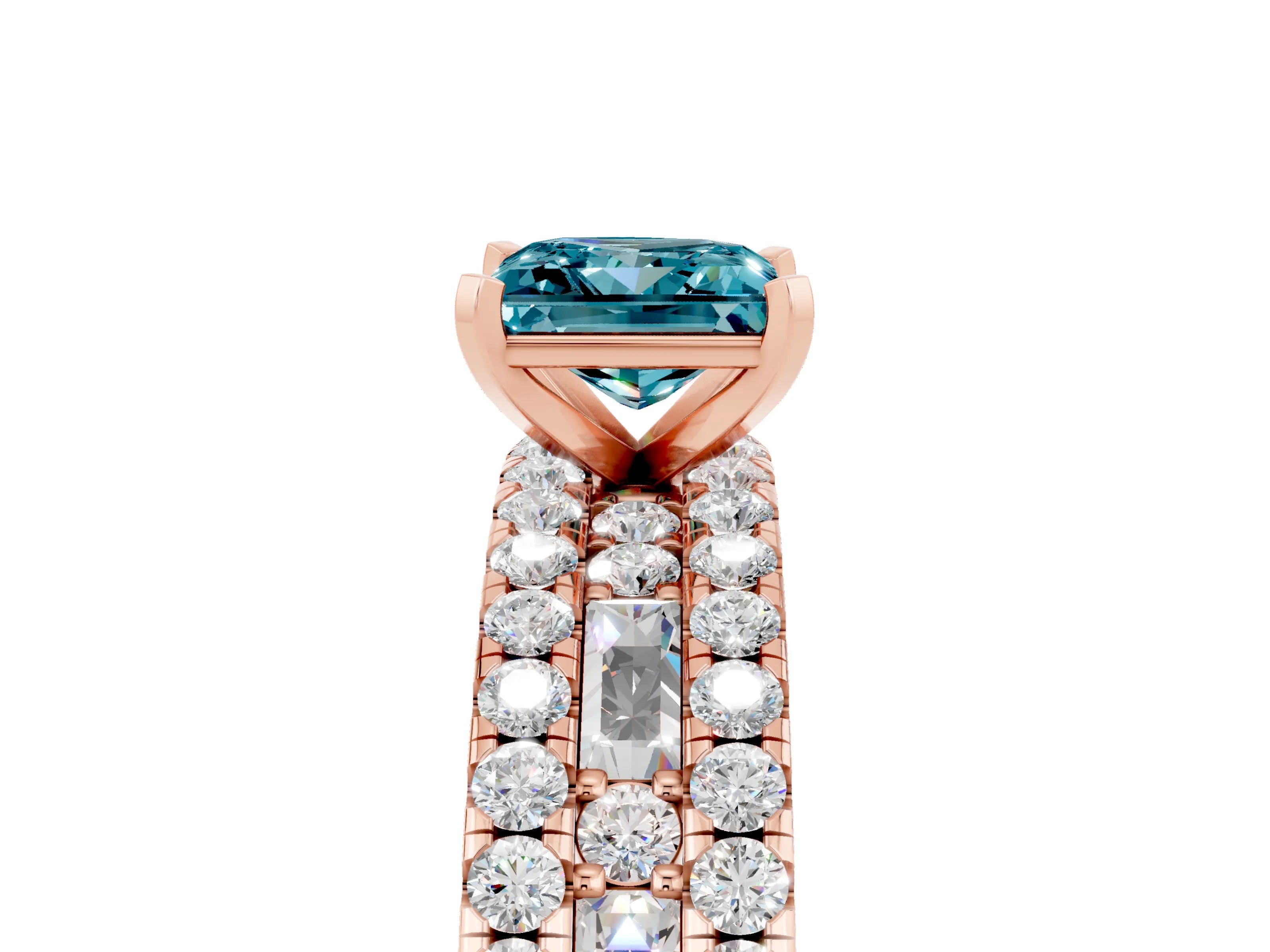 Rose gold Princess Cut Blue Topaz Solitaire Ring with Pavé and Channel Set Band_5