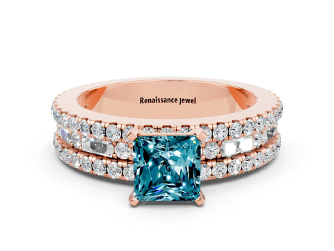 Rose gold Princess Cut Blue Topaz Solitaire Ring with Pavé and Channel Set Band