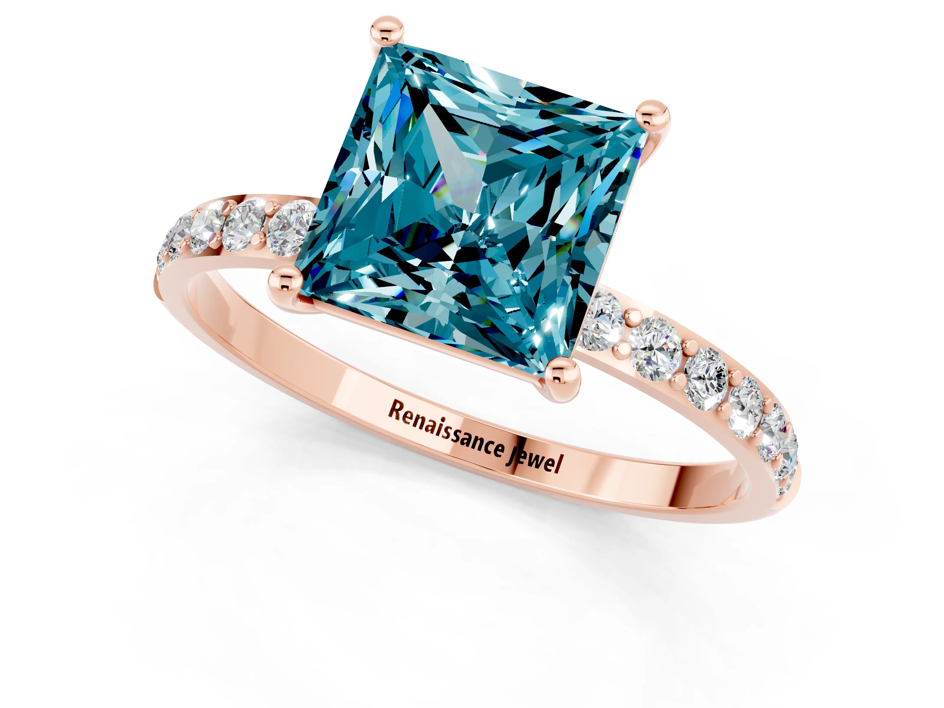 Rose gold Princess Cut Blue Topaz Solitaire Ring with Pave Band and Four Prong Setting_25