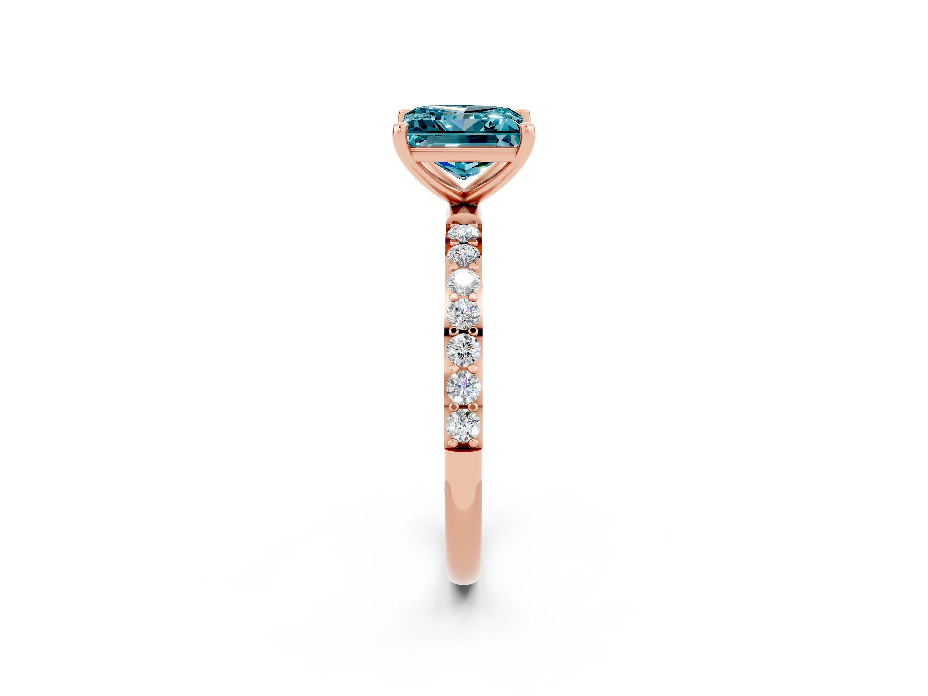 Rose gold Princess Cut Blue Topaz Solitaire Ring with Pave Band and Four Prong Setting_26