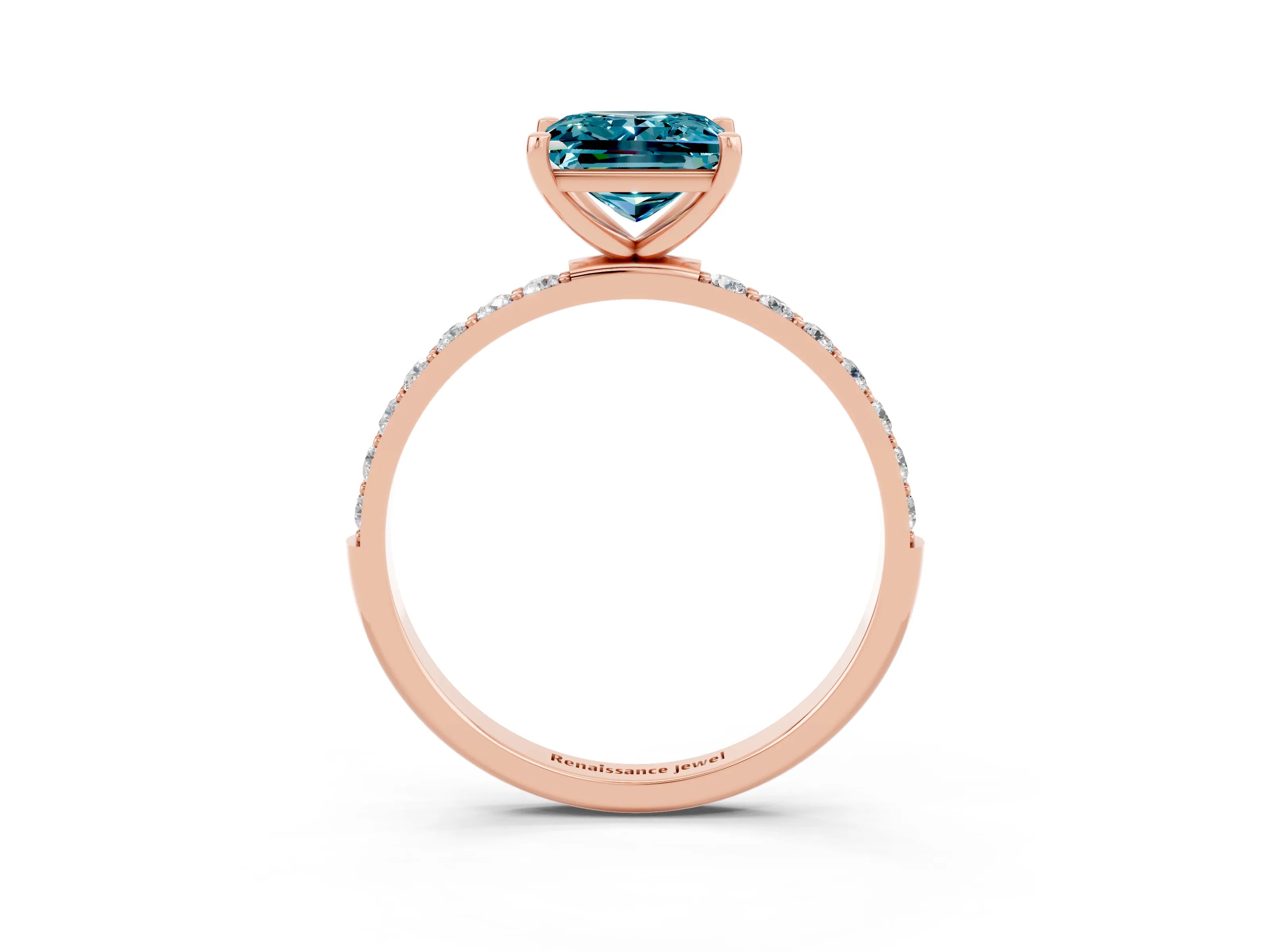 Rose gold Princess Cut Blue Topaz Solitaire Ring with Pave Band and Four Prong Setting_27