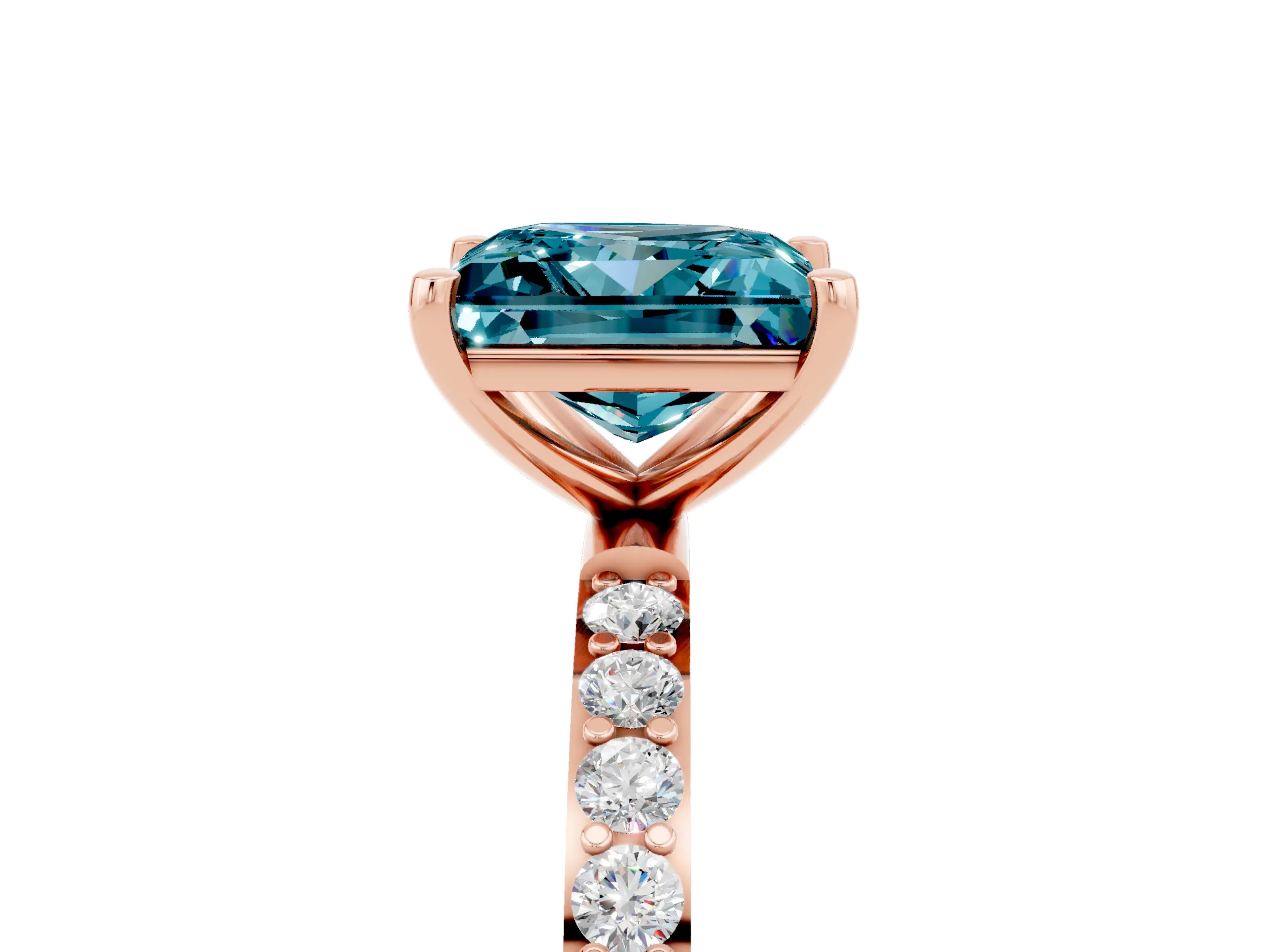 Rose gold Princess Cut Blue Topaz Solitaire Ring with Pave Band and Four Prong Setting_29