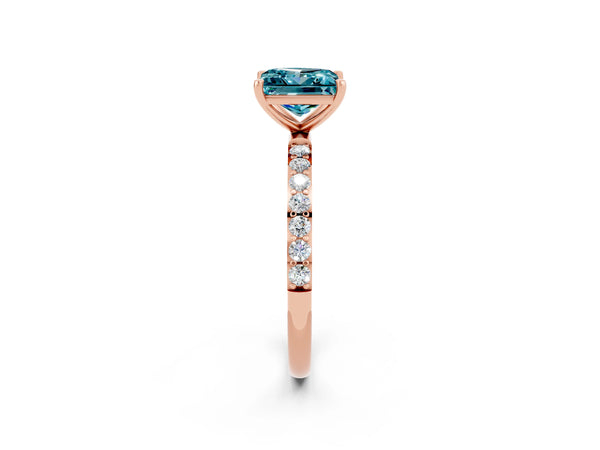 Rose gold Princess Cut Blue Topaz Solitaire Ring with Round  Pavé Band and Prong Setting