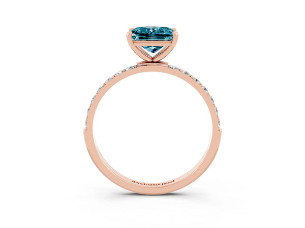 Rose gold Princess Cut Blue Topaz Solitaire Ring with Round  Pavé Band and Prong Setting