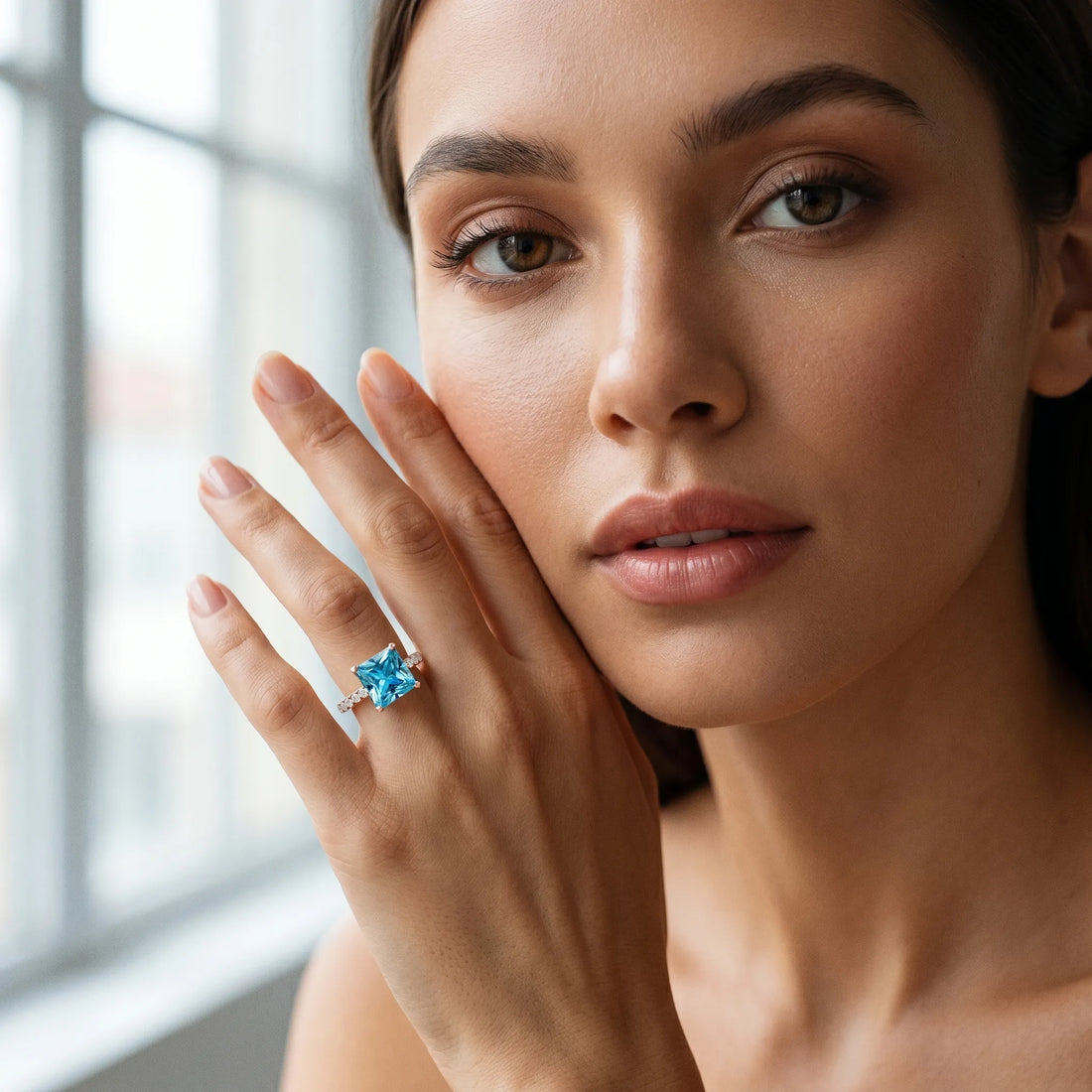 Rose gold Princess Cut Blue Topaz Solitaire Ring with Round  Pavé Band and Four-Prong Setting_55